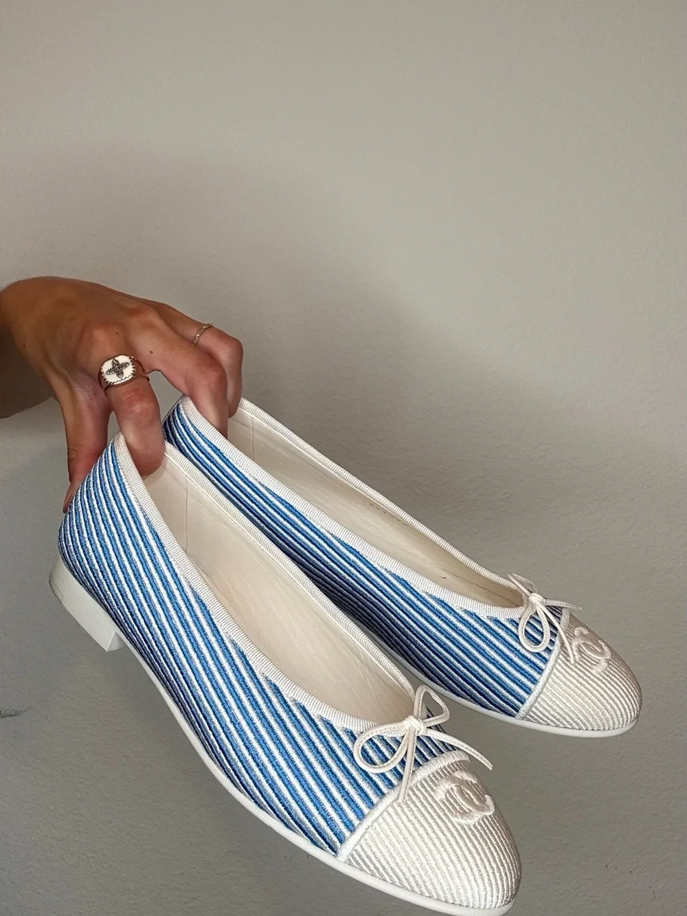 CHANEL Blue & White Striped Canvas Ballet Flats with Bow